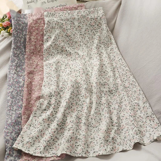 Vintage 2021 Summer Women Stylish Floral Print Elastic Slimming High Waist Loose Chiffon Skirt Casual Chic Elegant Skirt