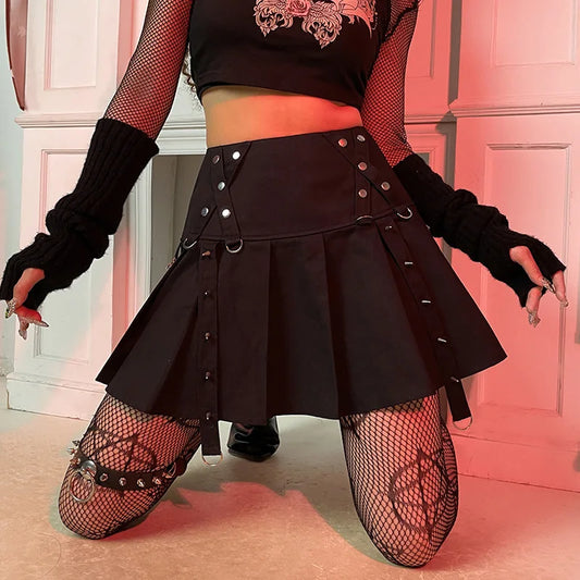 Y2k Skirt Gothic Skirt Diablo Harajuku Personality Spice Rivet Metal Buckle Streamer Low Waist A Version Short Pleated Skirt